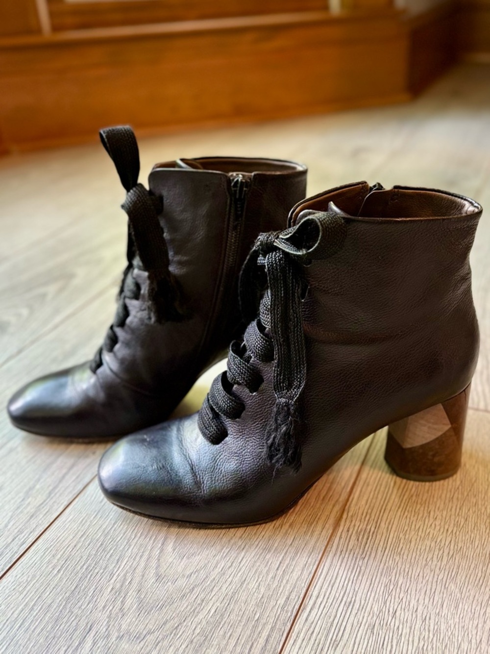 COCLICO Black Lydia Leather Lace-Up Ankle Boots with Wood Block Heel, Size 37